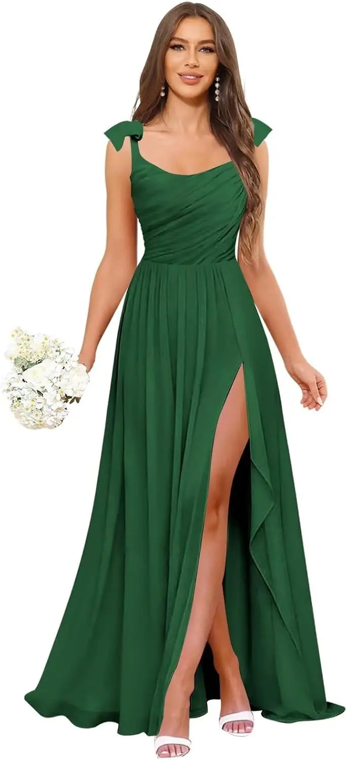 Square Neck Bridesmaid Dress with Ruffle Slit Chiffon Spaghetti Straps Ruched Bust Long Formal Prom Wedding Guest Gown