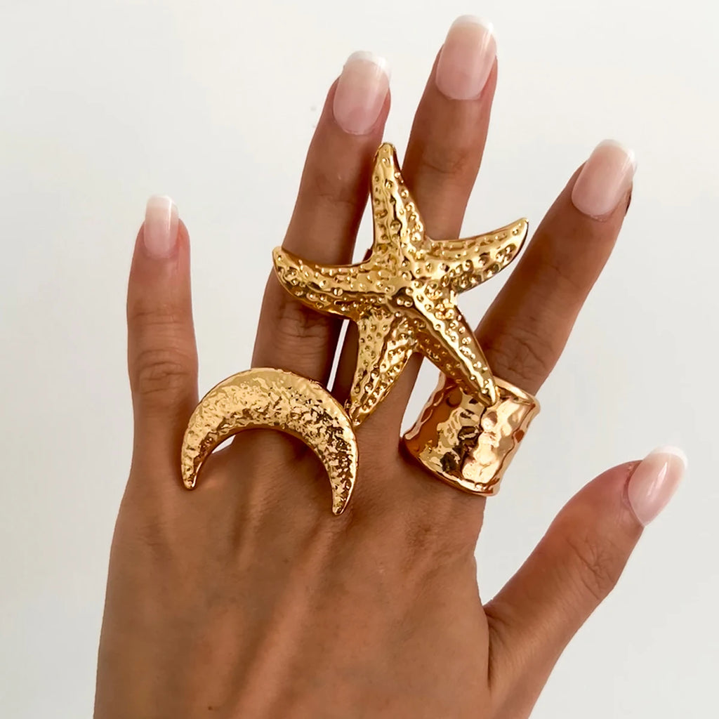 Salircon Exaggerated Vintage Big Starfish Moon Flower Ring for Women Trend Personality Metal Punk Party Finger Ring Jewelry