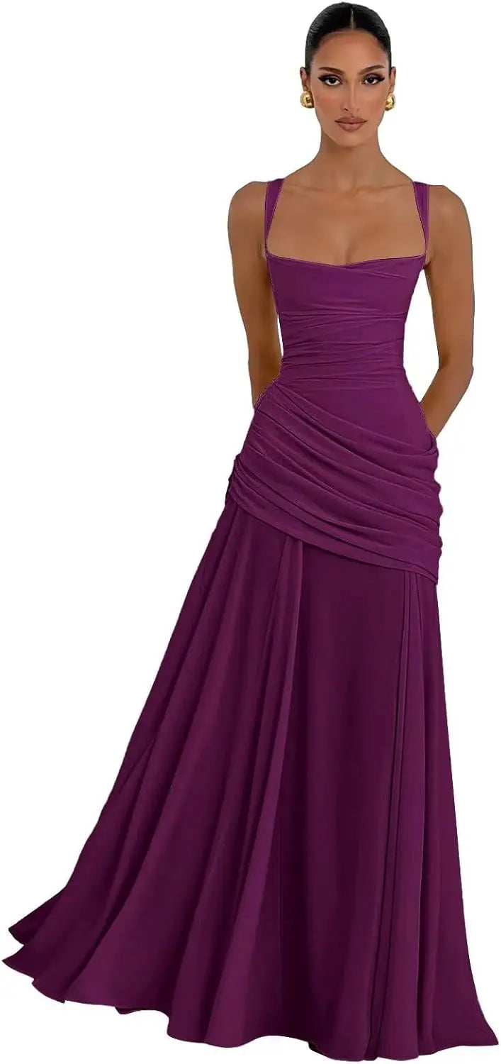 Elegant Chiffon Prom Dresses for Women Spaghetti Straps Long Bridesmaid Dress Square Neck Formal Evening Party Gowns