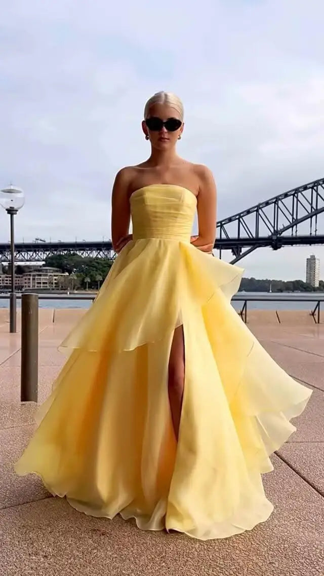 Strapless Tiered Prom Dresses Long Ruffle Tulle A Line Evening Ball Gown Dresses with Slit