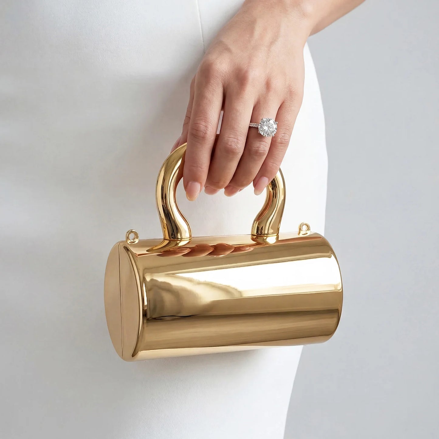 Stylish designer mini acrylic gold cylindrical clutch sparkly party bag