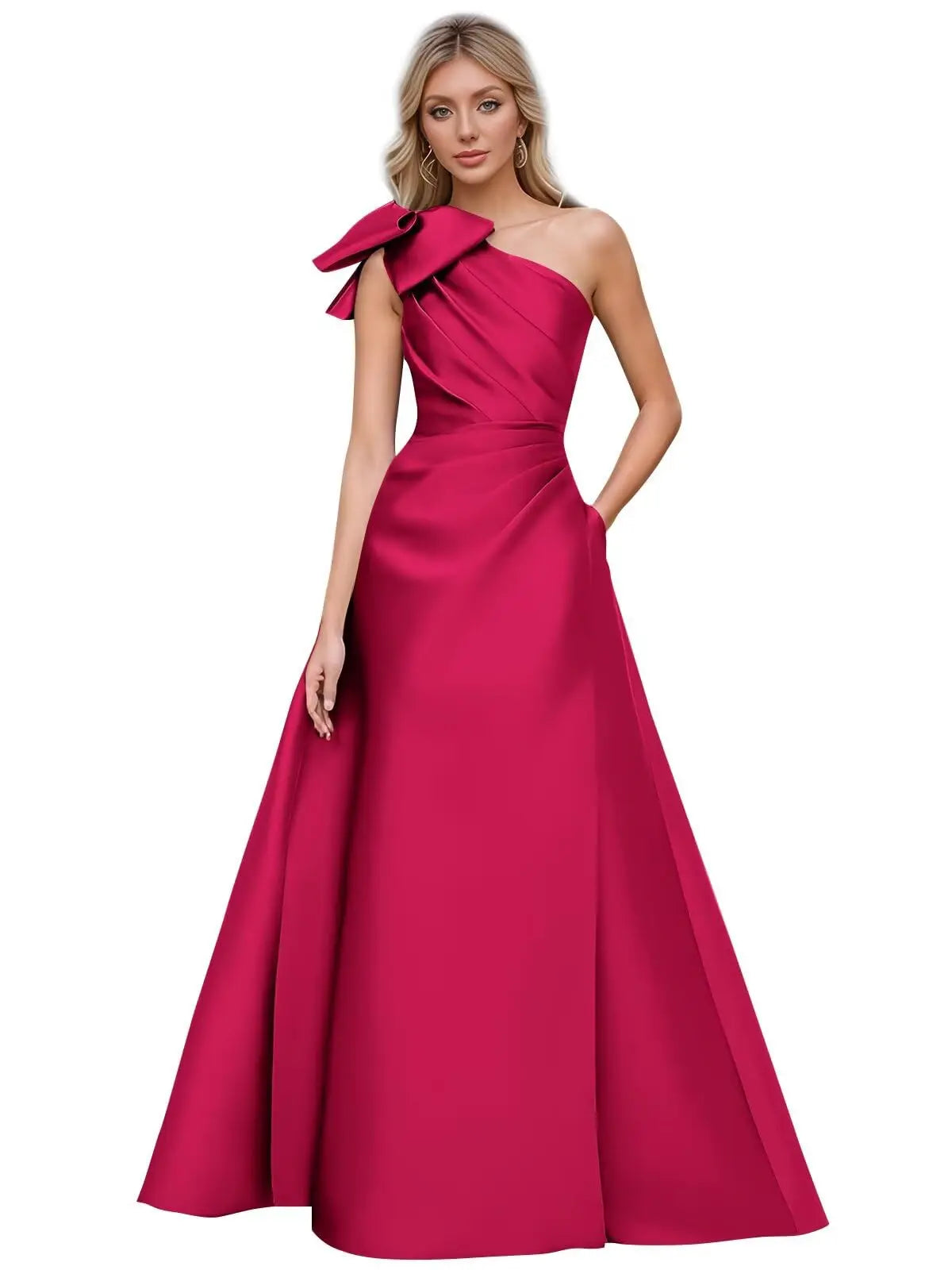 Women’s One Shoulder Prom Dresses Satin Mother of The Bride Dresses A Line Modest Formal Evening Gown with Bow
