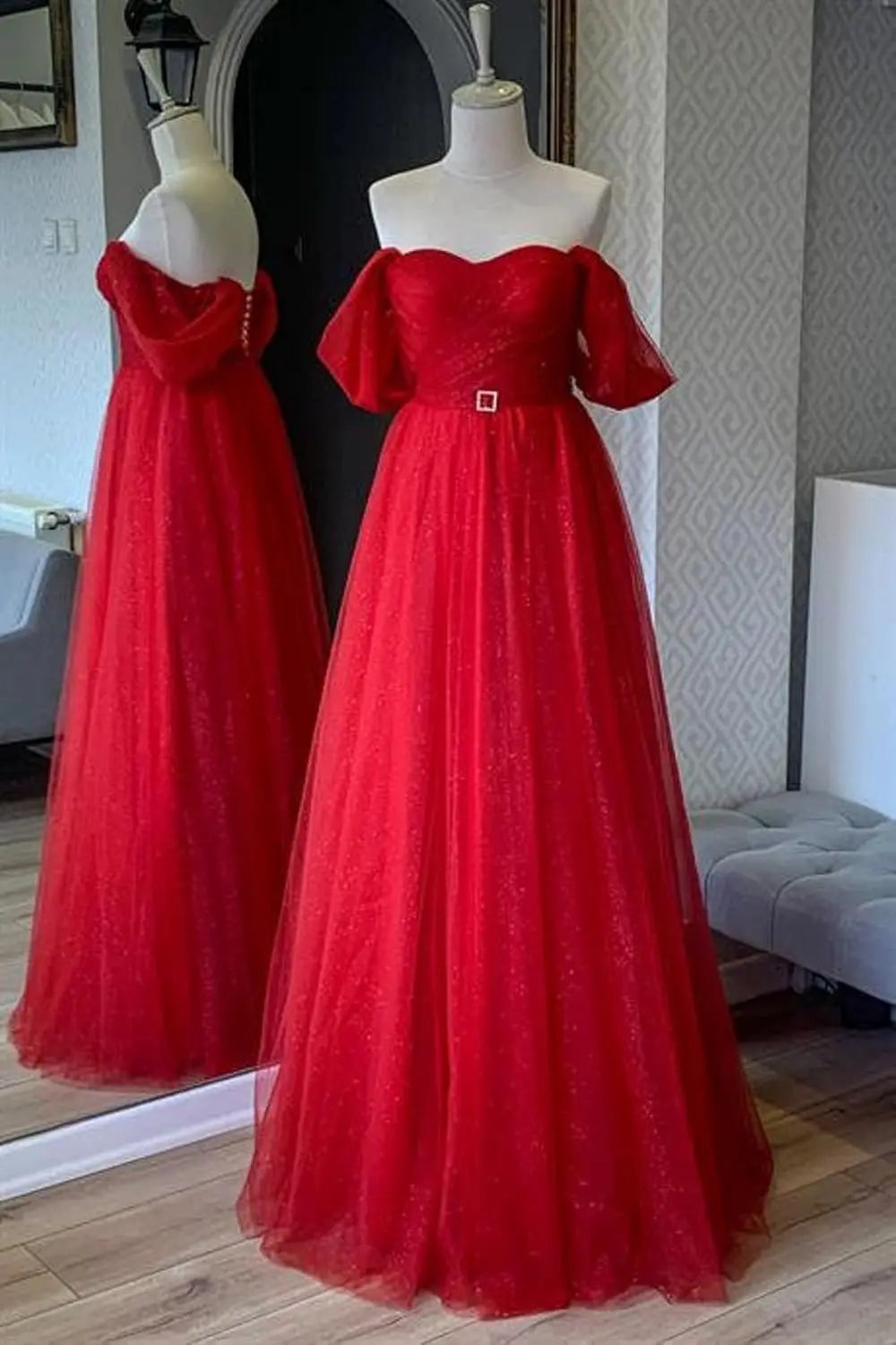 Glitter Tulle Prom Dresses Off The Shoulder Sweetheart Puffy Long Evening Gowns for Women 2026 Elegant Dress Wedding Party