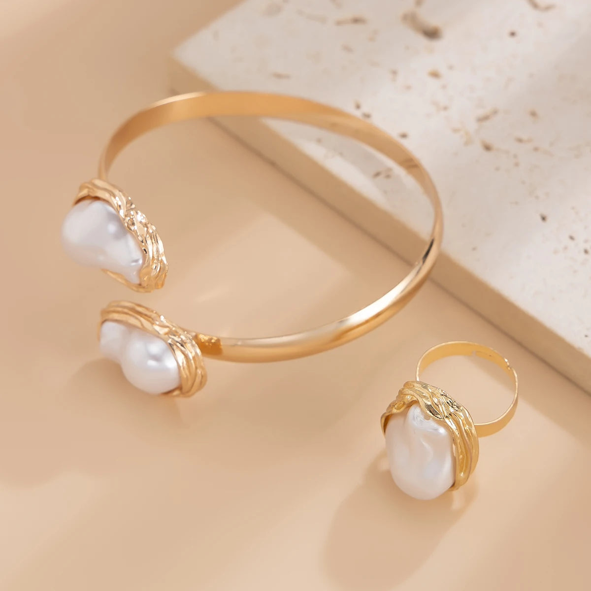 Salircon Elegant Luxury Imitation Pearl Collar Necklace Bangles Ring for Women Trend Opening Choker Bride Wedding Jewelry Set