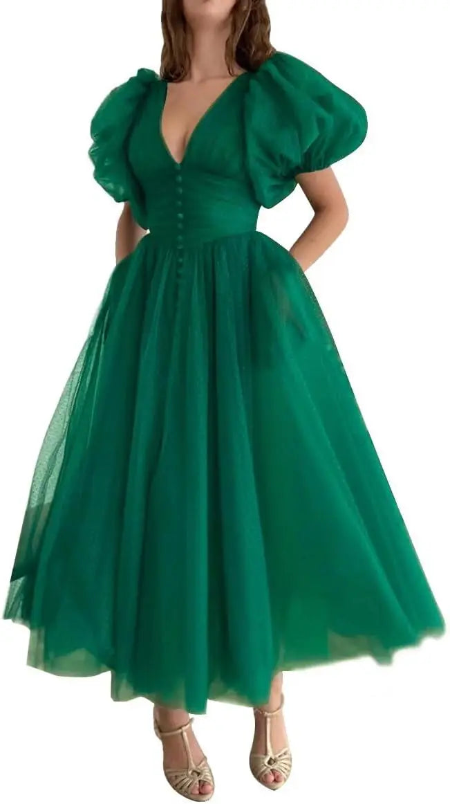 Puffy Sleeve Prom Dresses for Women Dotted Tulle V Neck Formal Evening Party Gowns Tea Length Formal Dress Women Elegant