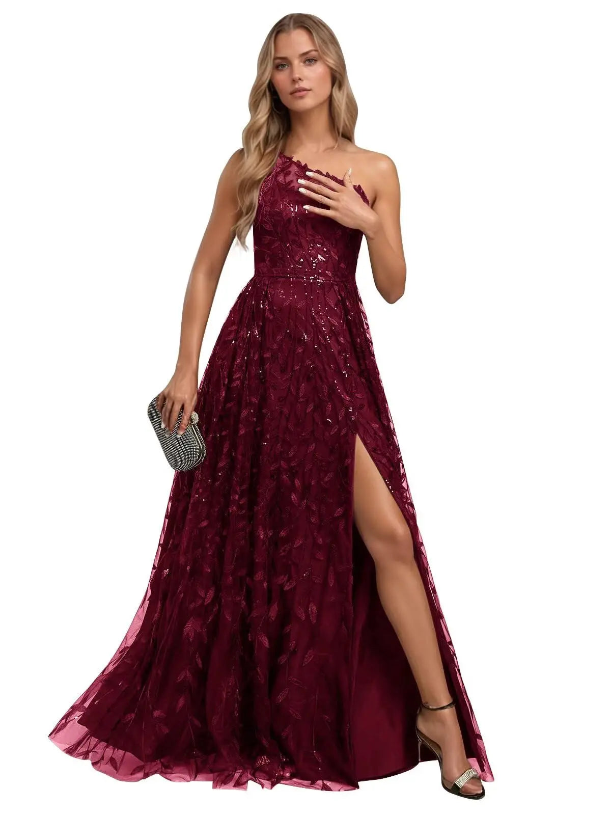 Lace Embroidered sequins Prom Dresses for Women One Shoulder Formal Party Dress Sleeveless Maxi Evening Gown with Slit