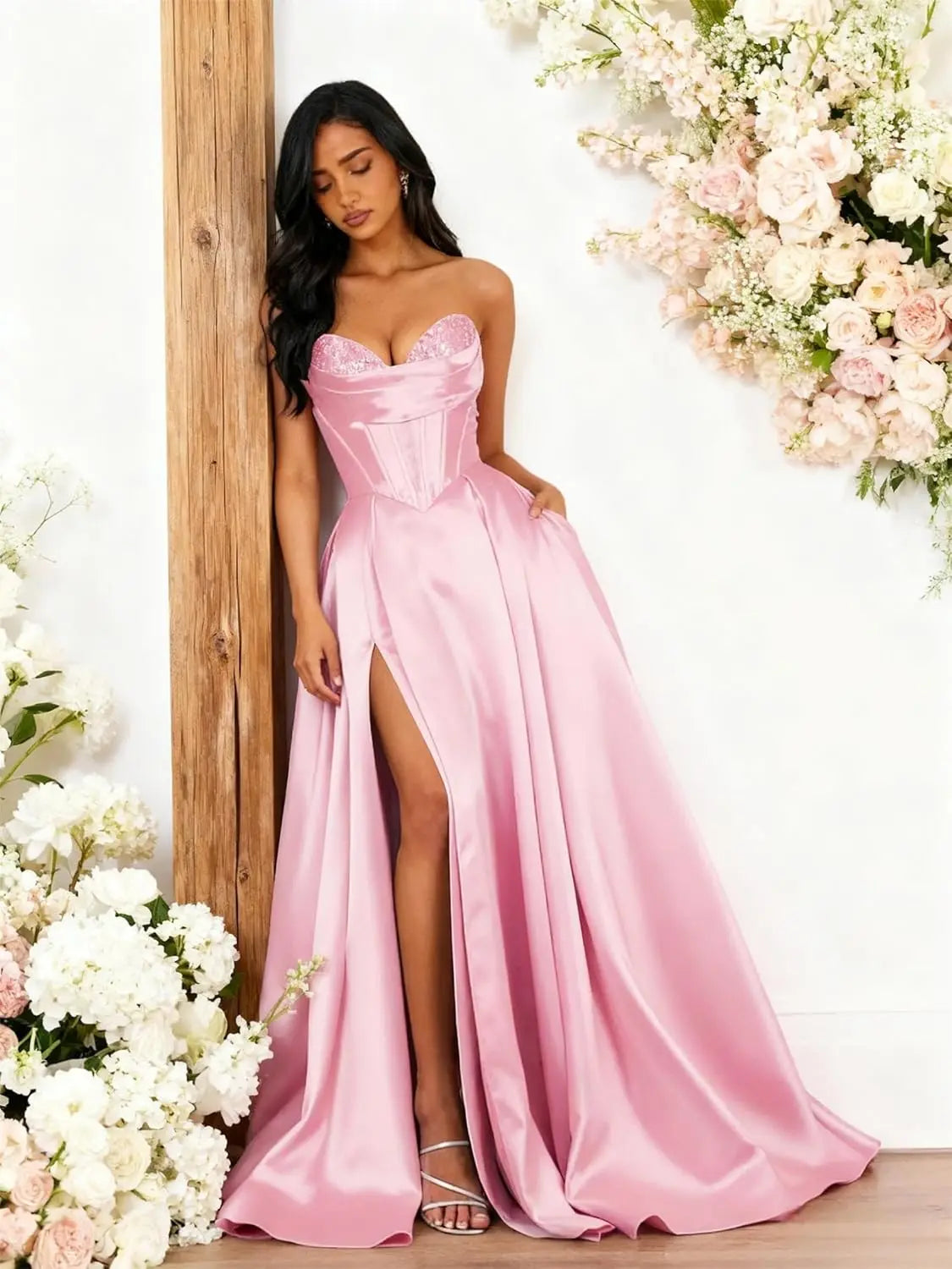 Strapless Sequin Prom Dresses Long with Slit Satin Formal Party Dress