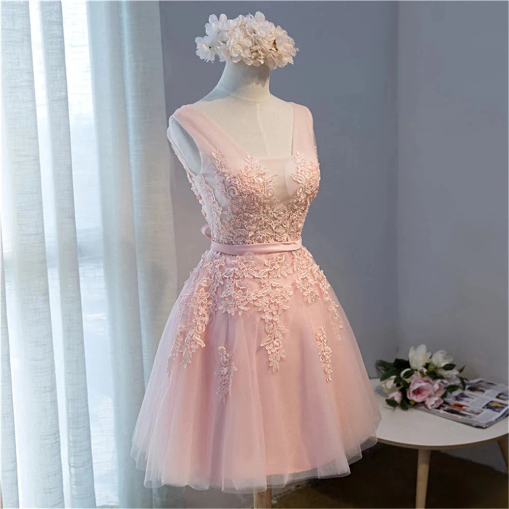 BABYONLINE Burgundy Bridesmaid Dresses with Lace Appliqué, V-Back & Flowy Tulle Skirt for Weddings,Elegant Short Party Dress