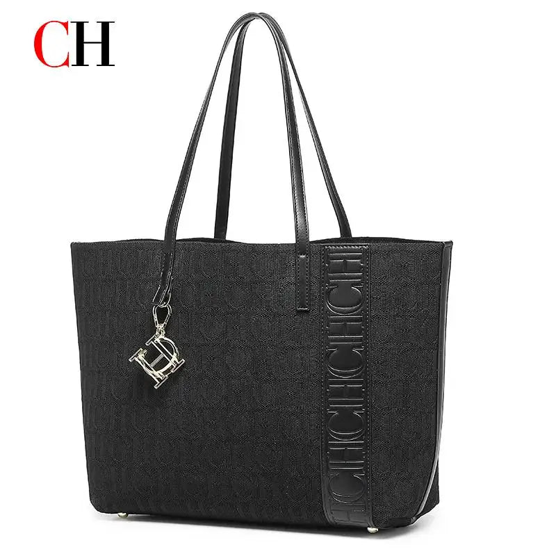 CH Fashion Women's Large Capacity Tote Bag Monogram Embossed Handbag with Metal Daily Commute Work Shoulder Bag