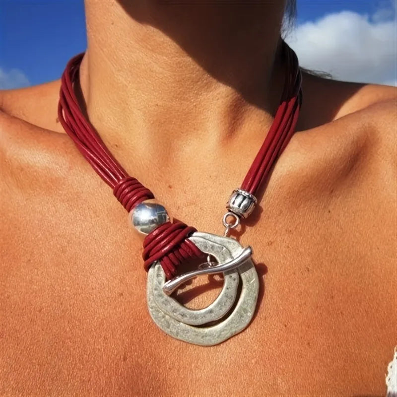 1PC Bohemian Ethnic Style Double Layer Ring Pendant Necklace Vintage Jewelry Anniversary Holiday Gift