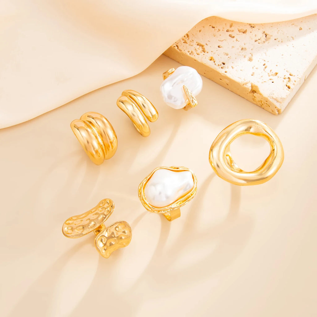 Ingemark 6Pcs/Set Boho Imitation Pearls Metal Ring Women Trendy Punk Irregular Geometry Hollow Wide Knuckle Ring Set New Jewelry
