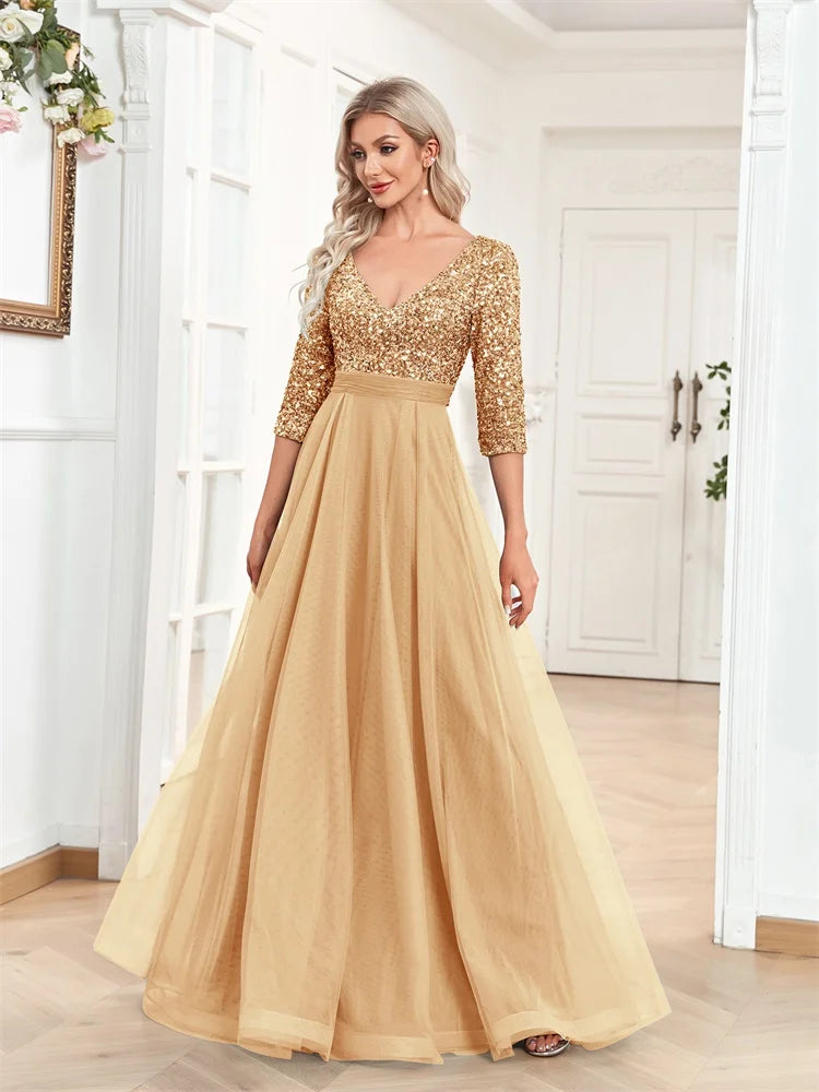 Luxury Gold Floor Length V-Neck Tulle Evening Dresses Women Elegant Party Maxi Dress Sequin Short Sleeves Prom Cocktail Gown