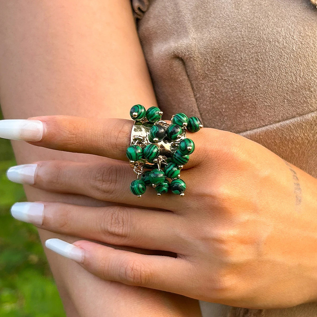 Salircon Trendy Imitation Pearl Stone CCB Small Ball Ring Women's Man 2024 Vintage Street Punk Hip Hop Ring Female Jewelry