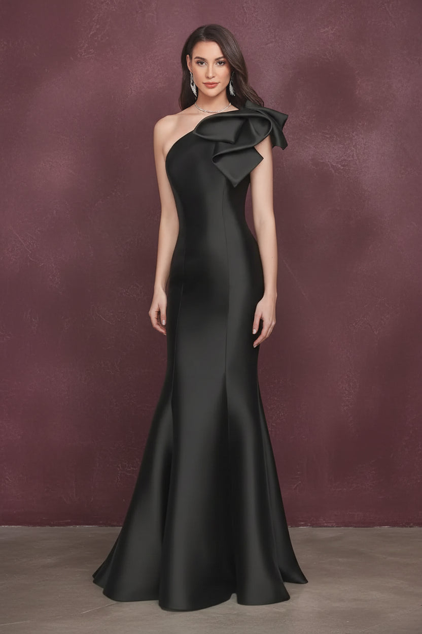 One Shoulder Prom Dresses Satin Mermaid Long Gowns With Bow