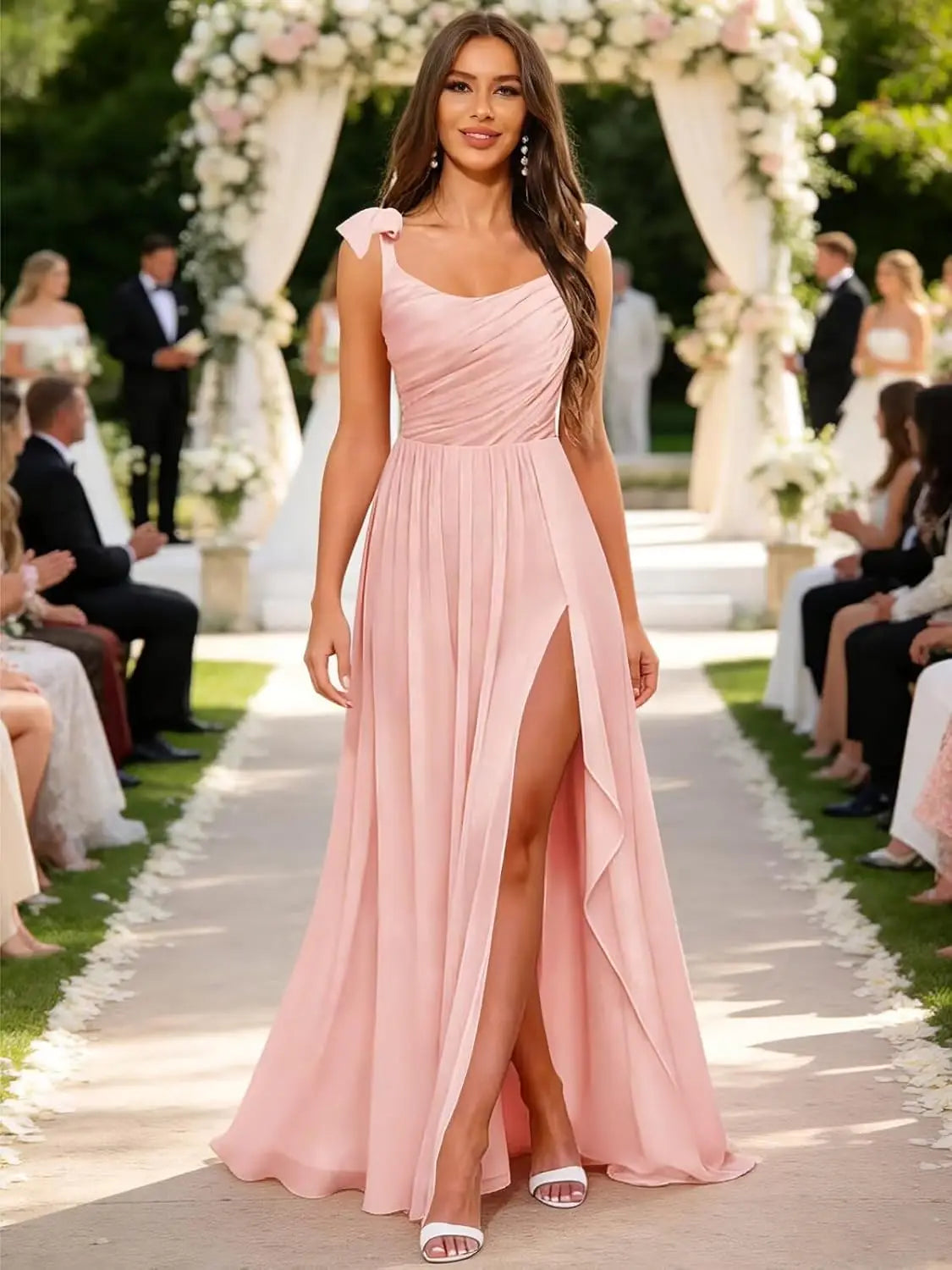 Square Neck Bridesmaid Dress with Ruffle Slit Chiffon Spaghetti Straps Ruched Bust Long Formal Prom Wedding Guest Gown