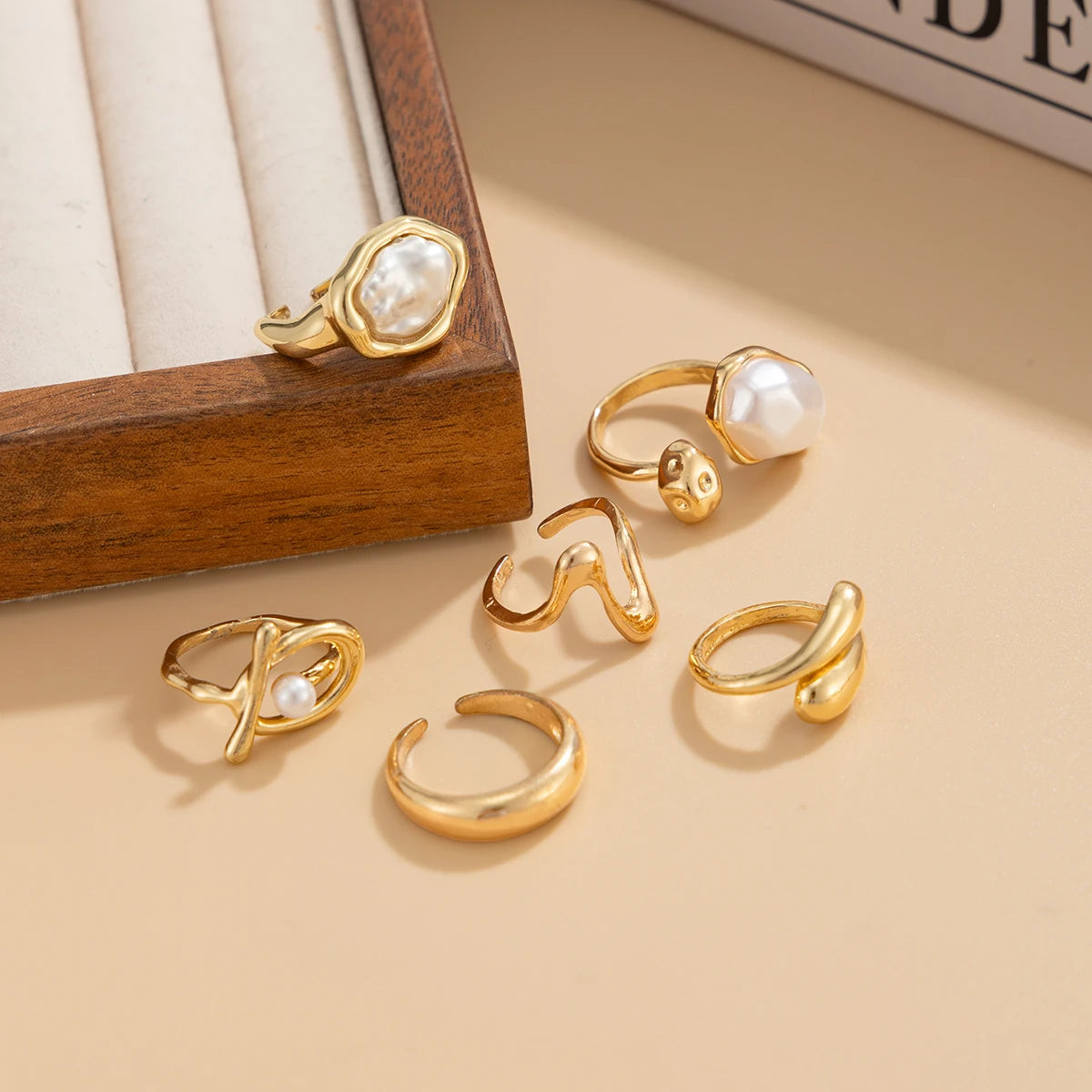 Ingemark 6Pcs/Set Boho Imitation Pearls Metal Ring Women Trendy Punk Irregular Geometry Hollow Wide Knuckle Ring Set New Jewelry
