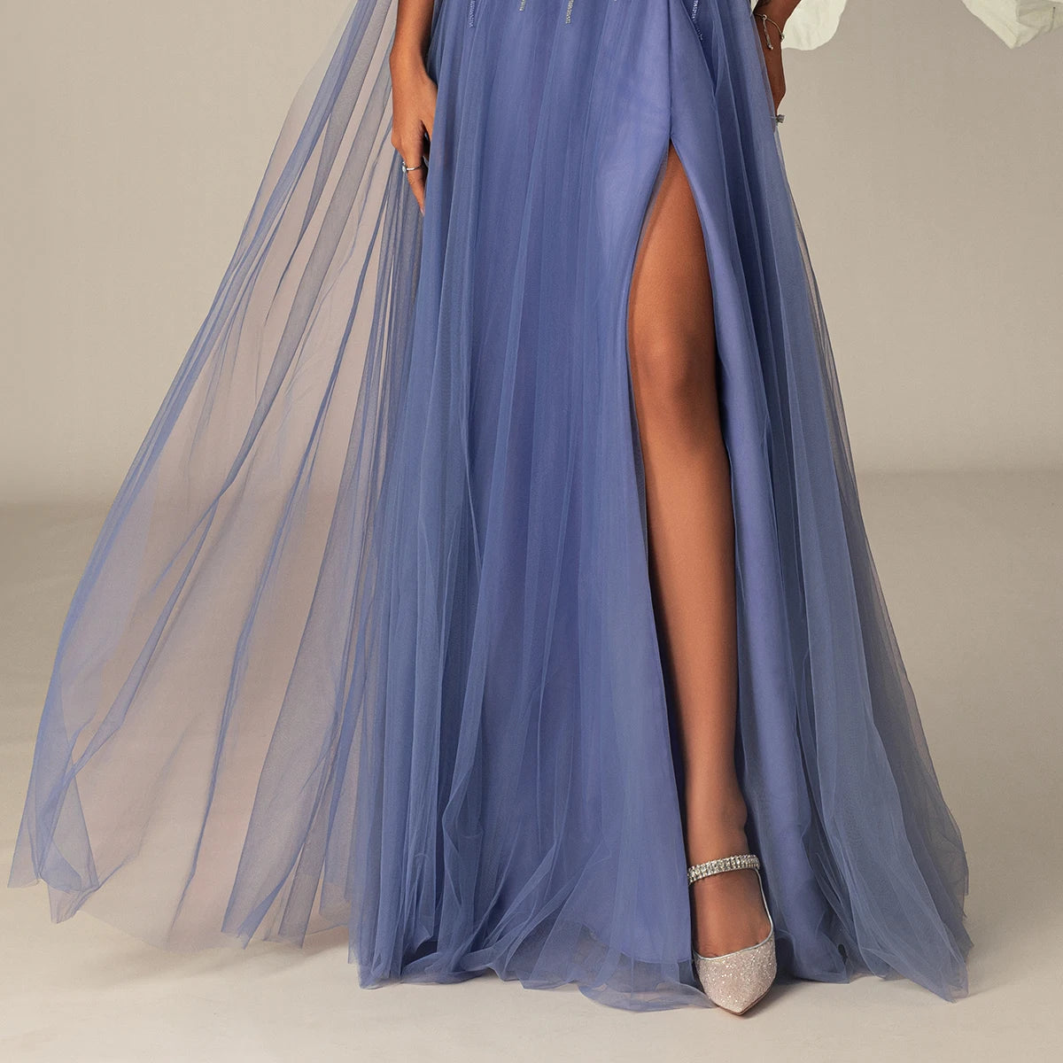 VIPGIRL Women's Dusty Blue Off-Shoulder Beaded Tulle Evening Gown High Slit A-Line Prom Dress
