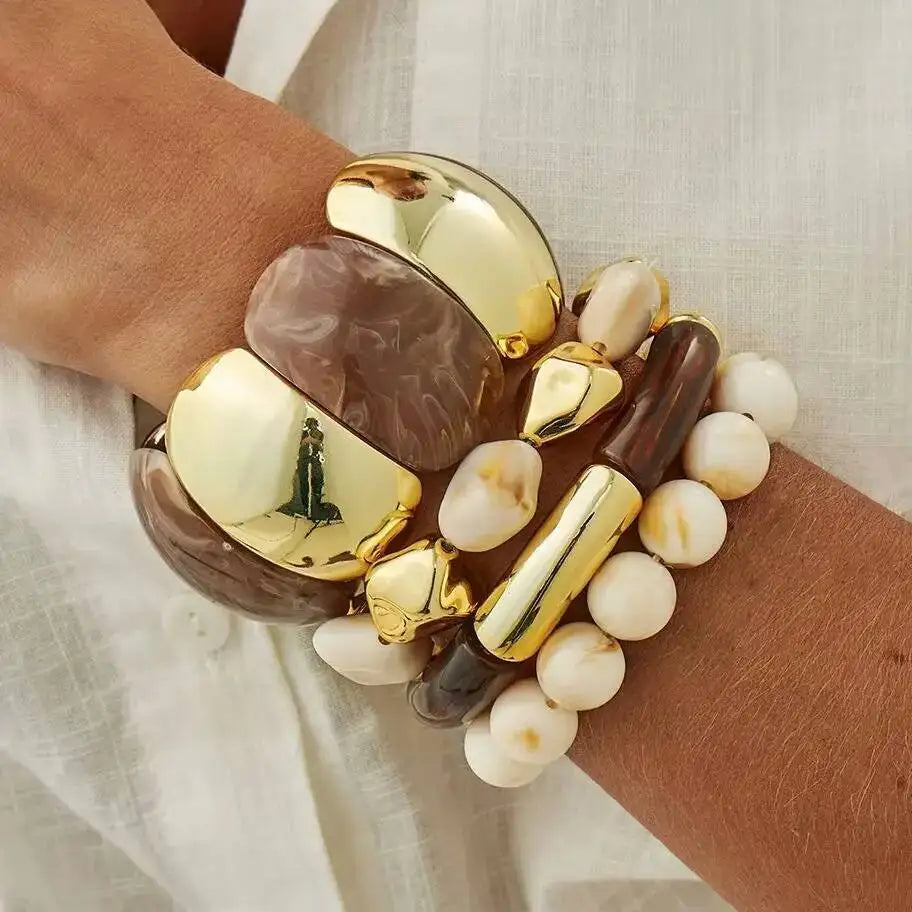 Salircon 4 Styles New Vintage Beige Coffee Resin Beaded Chain Bangle Bracelets Spliced Acrylic Bracelet for Women Ethnic Jewelry