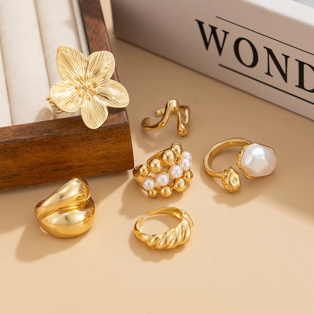 Ingemark 6Pcs/Set Boho Imitation Pearls Metal Ring Women Trendy Punk Irregular Geometry Hollow Wide Knuckle Ring Set New Jewelry