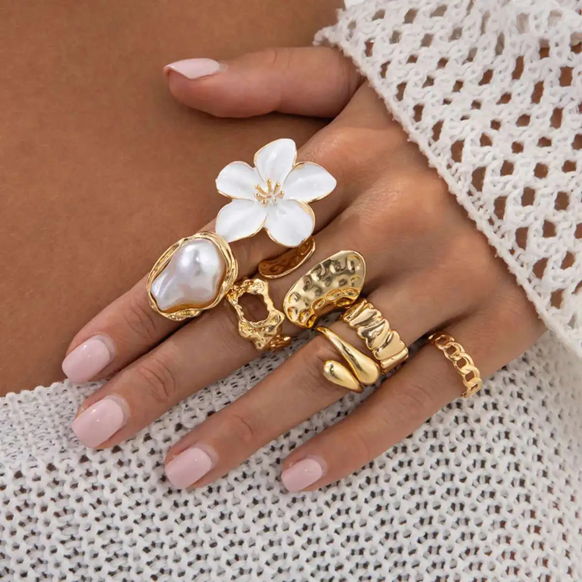 KunJoe 7Pcs/Set Imitation Pearl White Flower Open Ring for Women Trendy Geometry Water Drop Adjustable Finger Ring Jewelry Gift