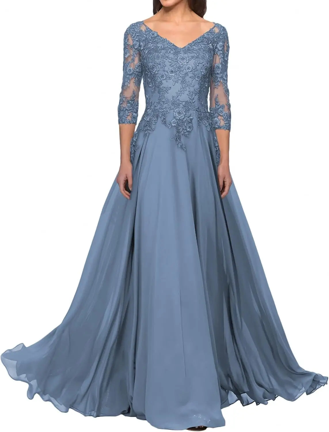 Elegant V Neck Lace Applique 3/4 Sleeve Mother of The Bride Dresses Chiffon A-Line Formal Evening Party Gowns