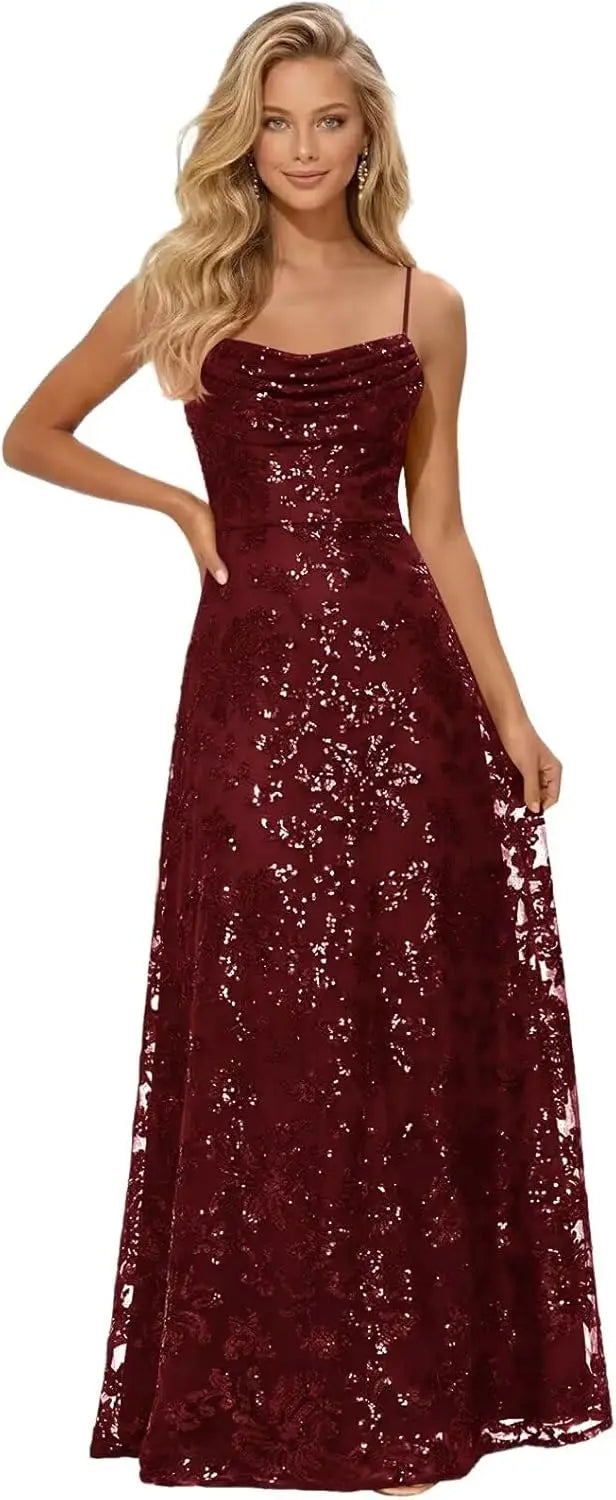 Lace Sequin Long Prom Dresses for Women 2026 Sparkly Pleated A Line Formal Evening Ball Gown Women Elegant Party Dresses