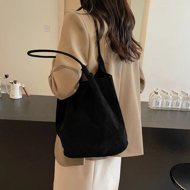 Retro Women's Suede Shoulder Bag New Solid Colors High Capacity Casual Tote Zippered Versatile Sewing Thread for Crafting