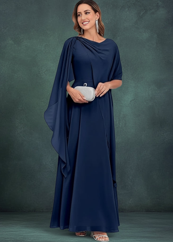Scoop Neck Mother of The Bride Dresses Cape Shawl Ruffle Long Formal Evening Gowns Chiffon A Line Wedding Guest Bridesmaid Dress