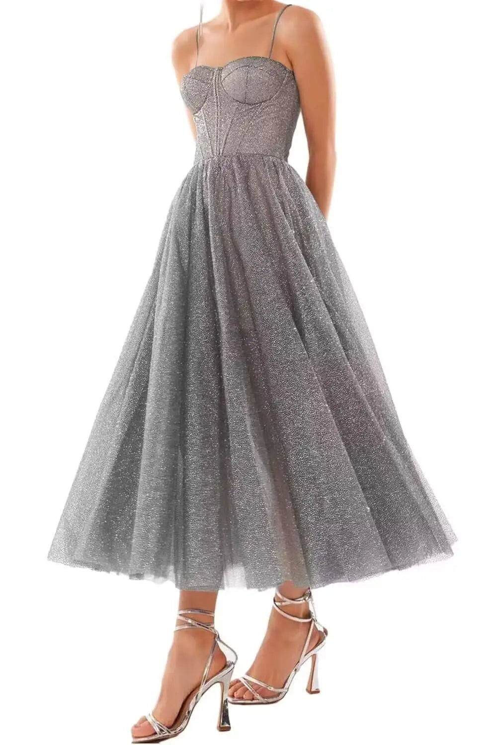 A Line Glitter Tea Length Formal Evening Cocktail Party Dresses for Women, Sequined Spaghetti Midi Corset Prom Gowns Cocktail