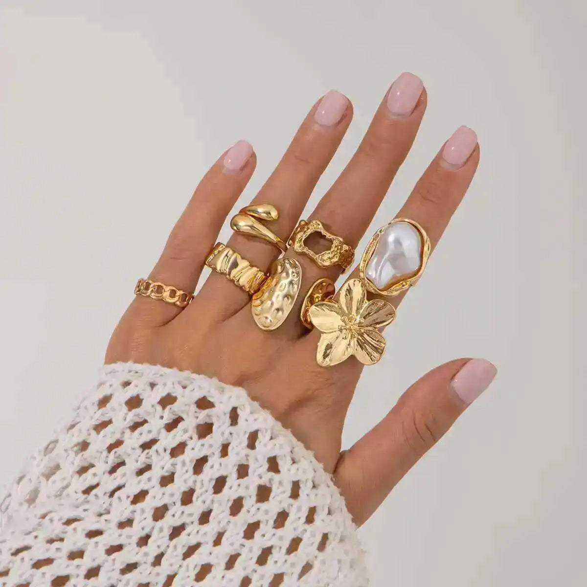 KunJoe 7Pcs/Set Imitation Pearl White Flower Open Ring for Women Trendy Geometry Water Drop Adjustable Finger Ring Jewelry Gift