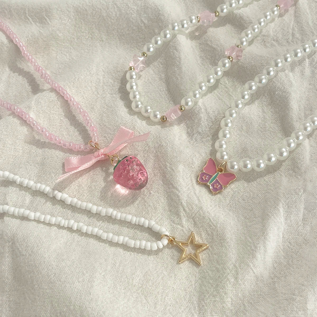 Salircon Romantic Lovely Pink Strawberry Bowkont Pendant Women Necklace Set Elegant Multilayer Imitation Pearl Choker Jewelry