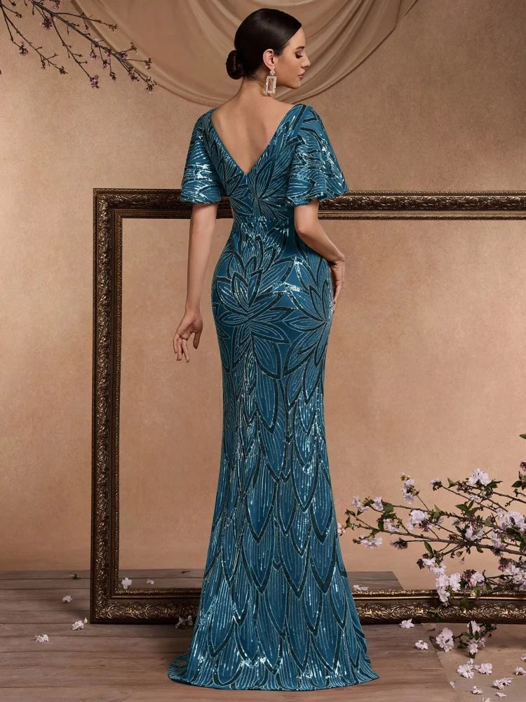Sexy backless maxi sequins women 2025 elegant luxury mesh wedding party dress Short sleeve evening dresses vestidos