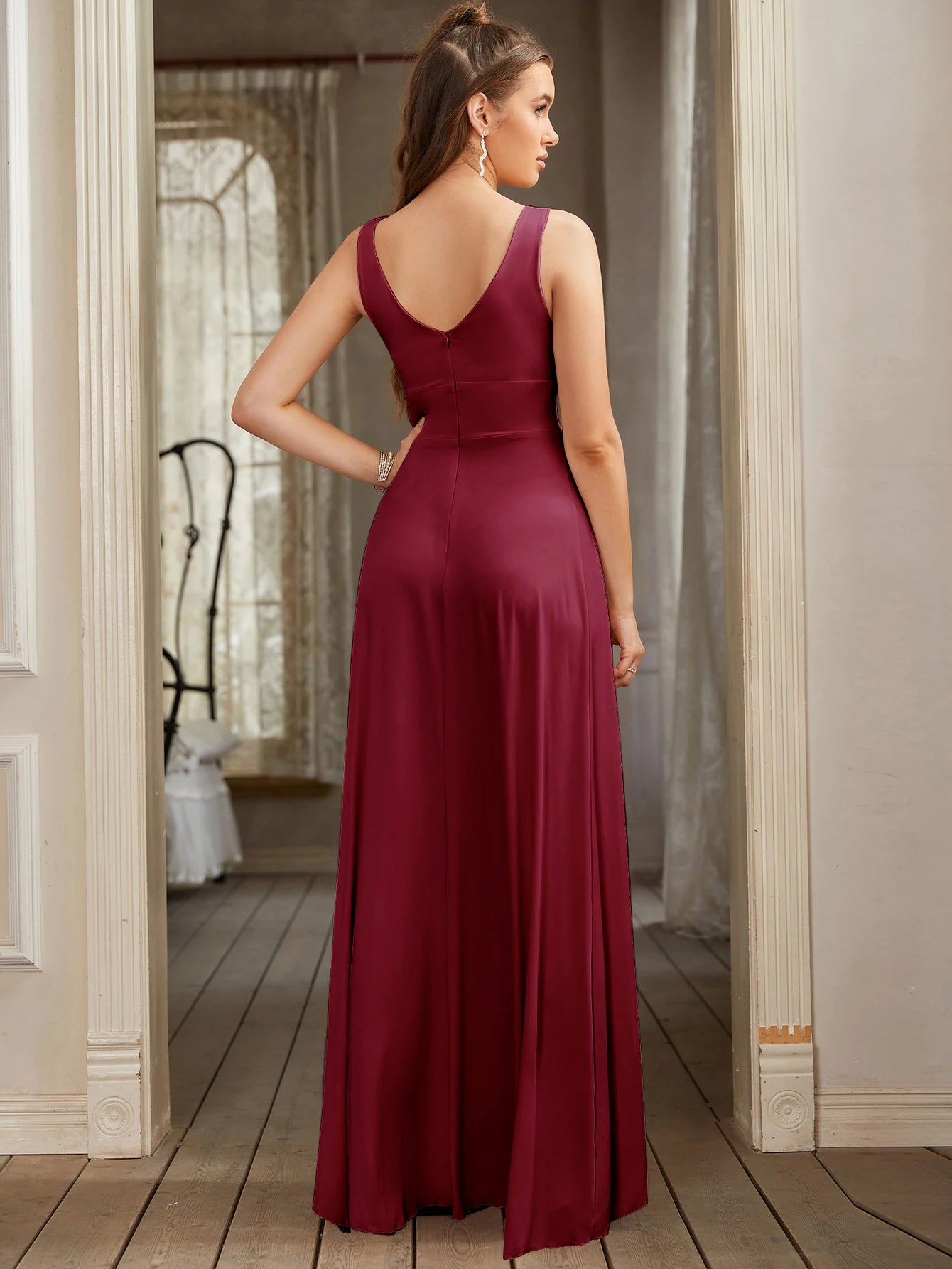 BABYONLINE Split V Neck Maxi Bridesmaid Dress Long for Women Wedding Party A Line Formal Dress Sleeveless Floor Length Evening