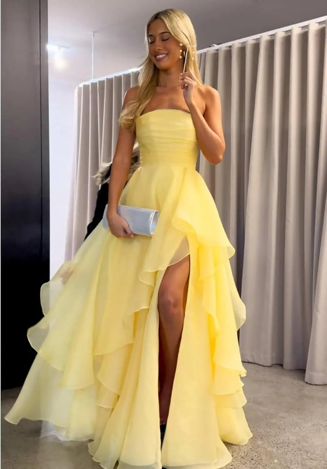 Strapless Tiered Prom Dresses Long Ruffle Tulle A Line Evening Ball Gown Dresses with Slit