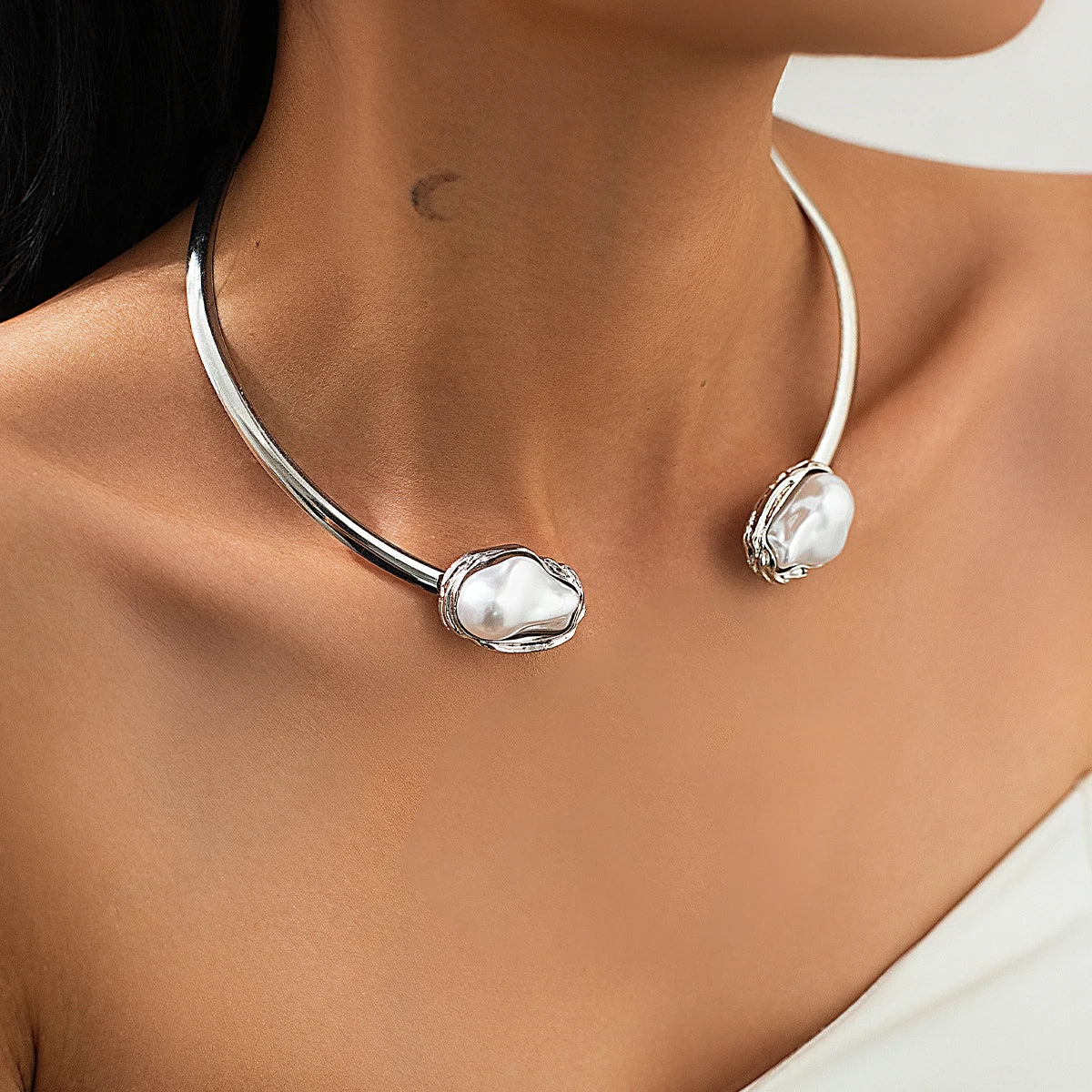 Salircon Elegant Luxury Imitation Pearl Collar Necklace Bangles Ring for Women Trend Opening Choker Bride Wedding Jewelry Set