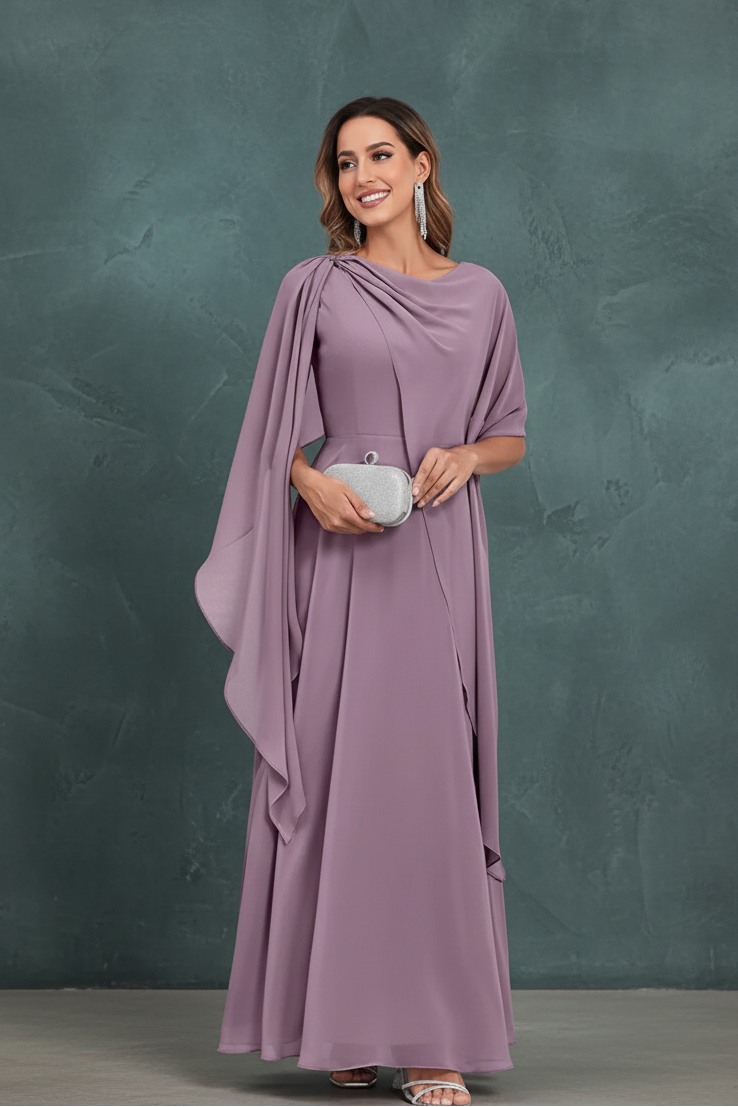 Scoop Neck Mother of The Bride Dresses Cape Shawl Ruffle Long Formal Evening Gowns Chiffon A Line Wedding Guest Bridesmaid Dress