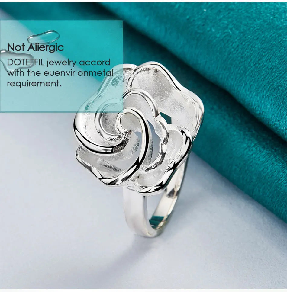 DOTEFFIL 925 Sterling Silver Rose Flower Blossoms Ring For Woman Fashion Wedding Engagement Party Gift Charm Jewelry