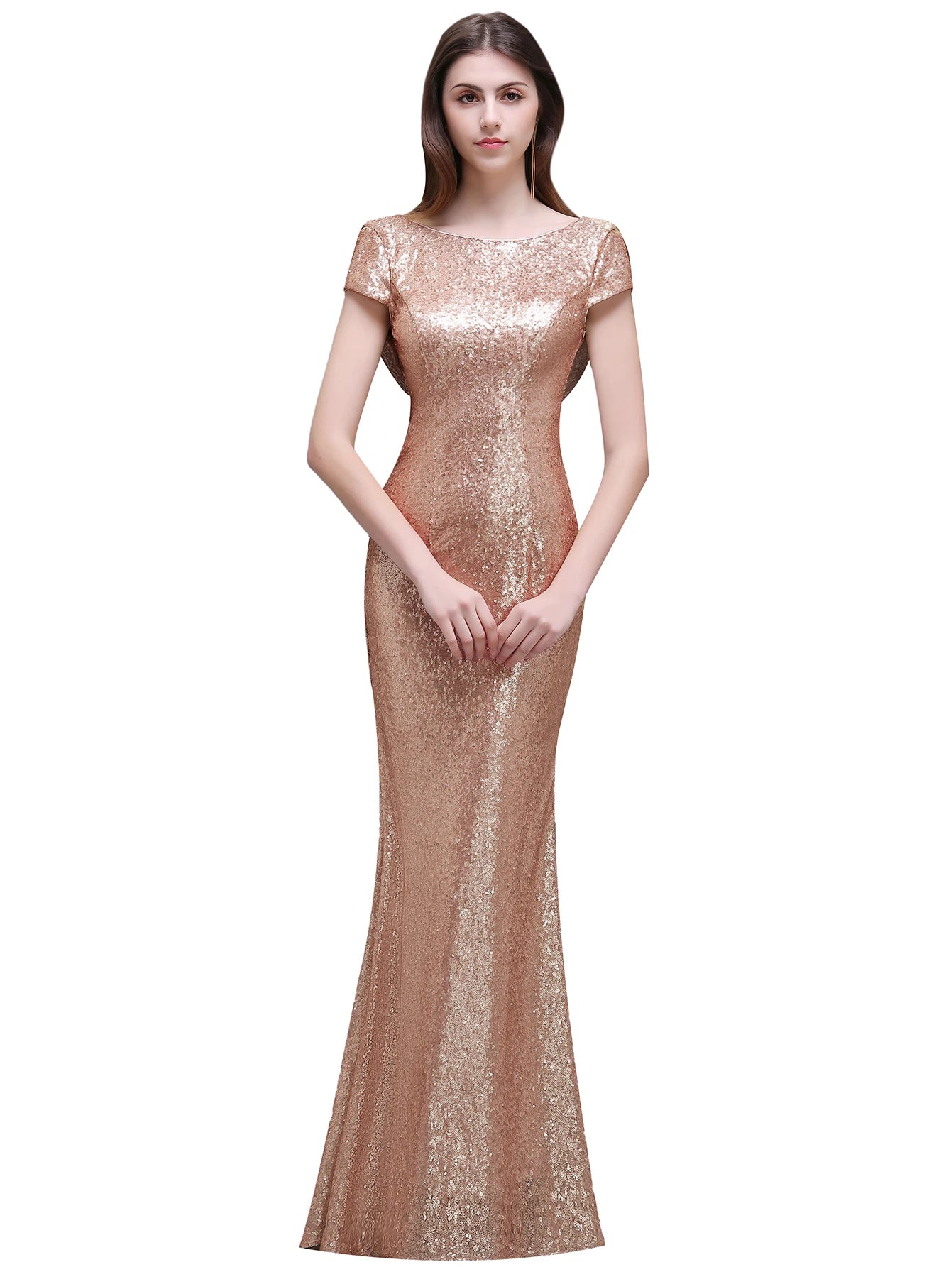 Women Bridesmaid Dresses Formal Wedding Party Guest Gown Mermaid  Sequins Short Sleeves O Neck Backless Rose Gold Champagne