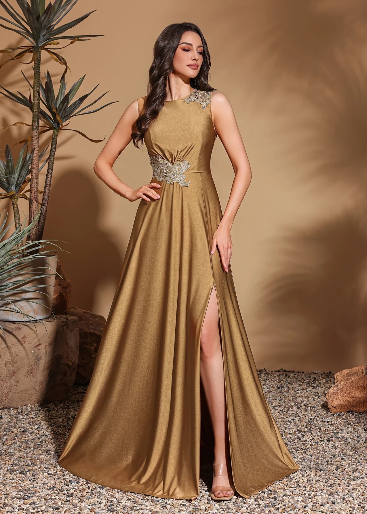 Asymmetrical applique sleeveless round neck slit back floor-length gown, women's long dress, party dress