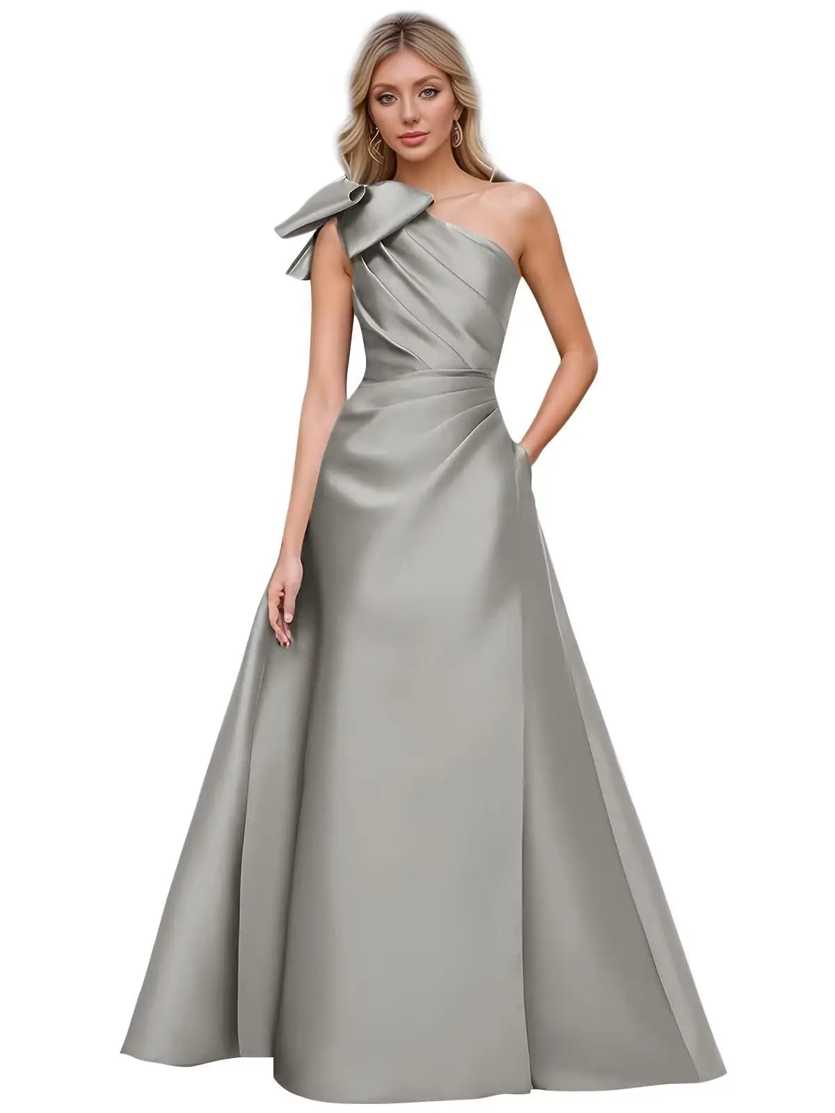 Women’s One Shoulder Prom Dresses Satin Mother of The Bride Dresses A Line Modest Formal Evening Gown with Bow