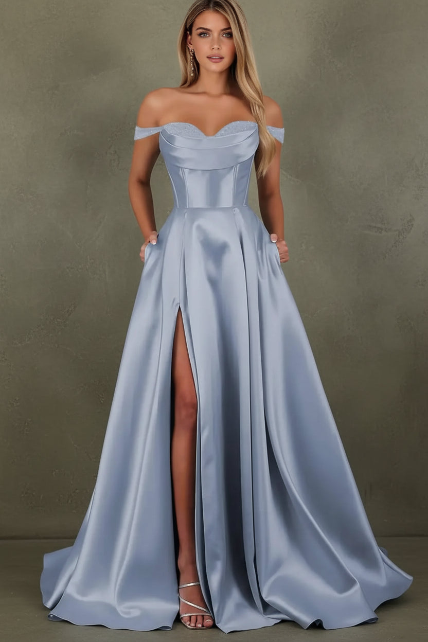 Satin Prom Dress for Women Off The Shoulder Formal Evening Dresses with Slit Sweetheart Ball Gown