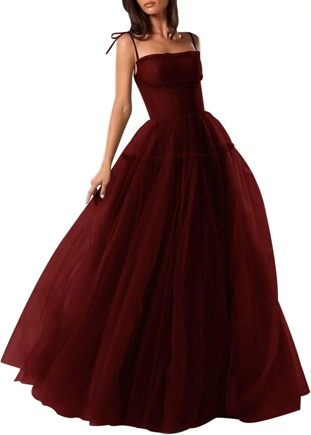 Women's Tulle Prom Dresses Spaghetti Straps Bridesmaid Dresses Long A Line Foraml Evening Party Gowns Tiered Fluffy Skirt Dress