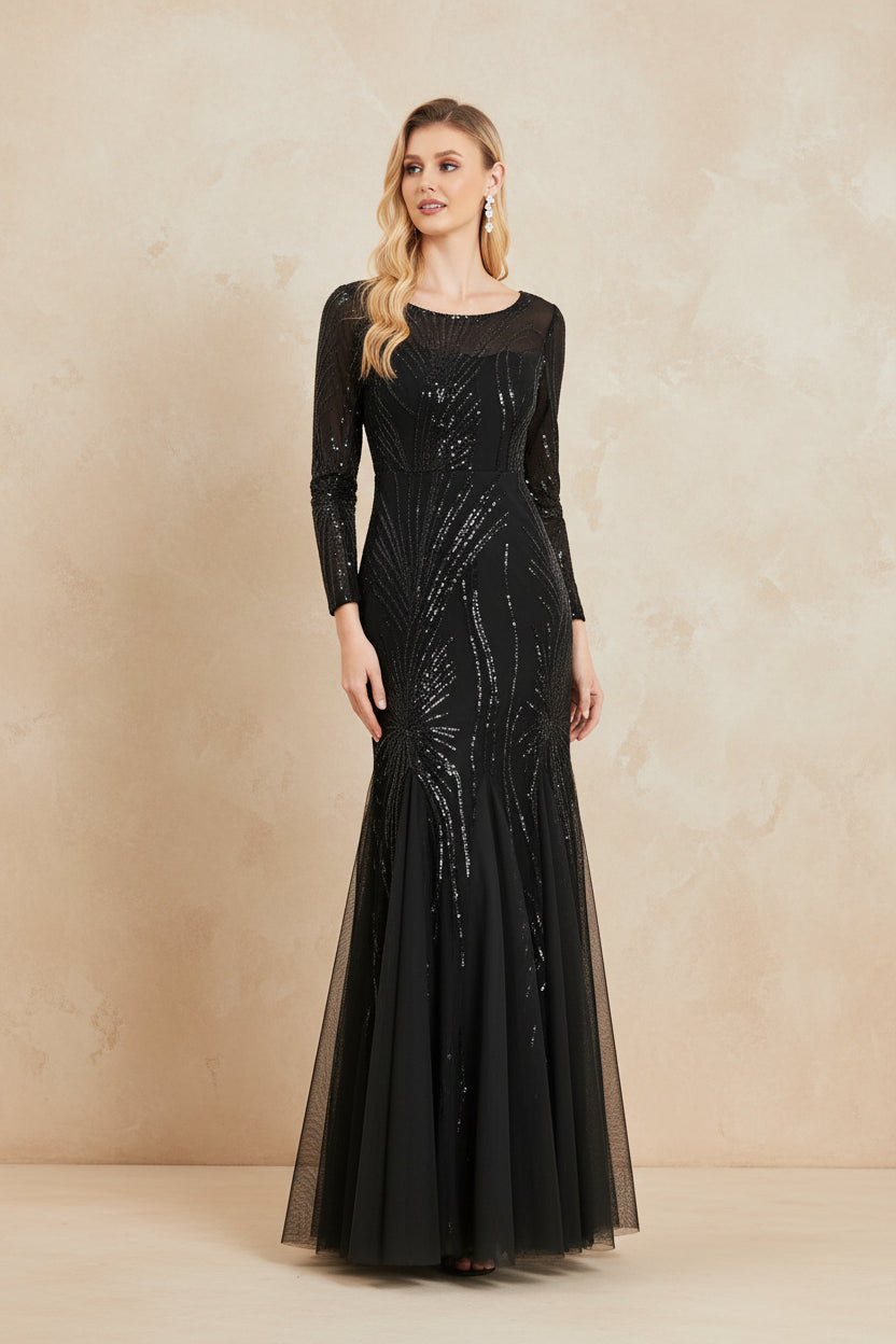 Elegant Long Sleeves Black Sequins Evening Dresses 2025 Women Mermaid Formal Party Maxi Prom Dress Cocktail Graduation Gowns