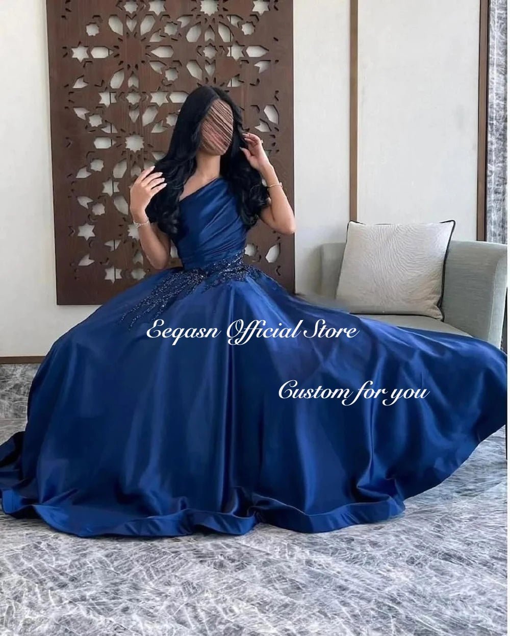 Customized One Shoulder robes de soirée Satin Sleeveless A - line Navy Blue Evening Party Dresses Floor - Length Prom Dress Formal - TrendNest