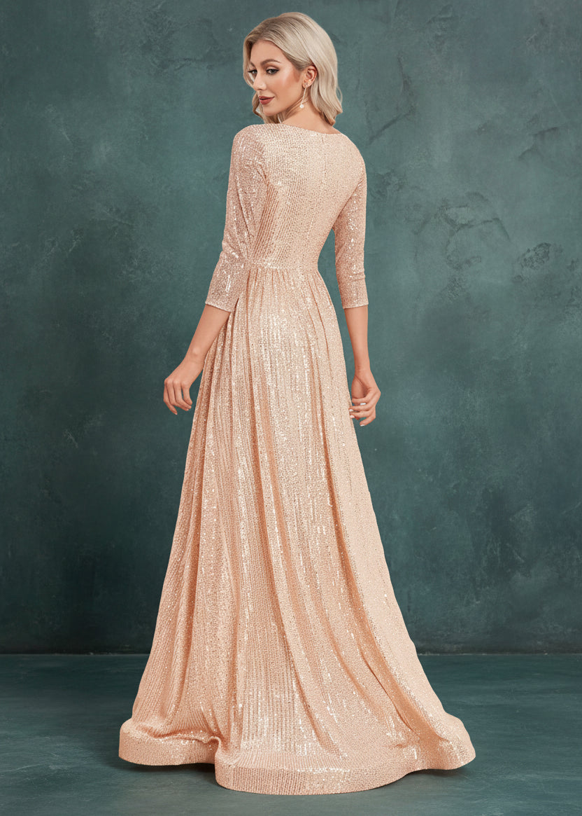 Luxury V Neck Long Sleeves Blue Sequins Formal Evening Dress Women 2024 Wedding Party Prom Maxi Cocktail Dress Gowns
