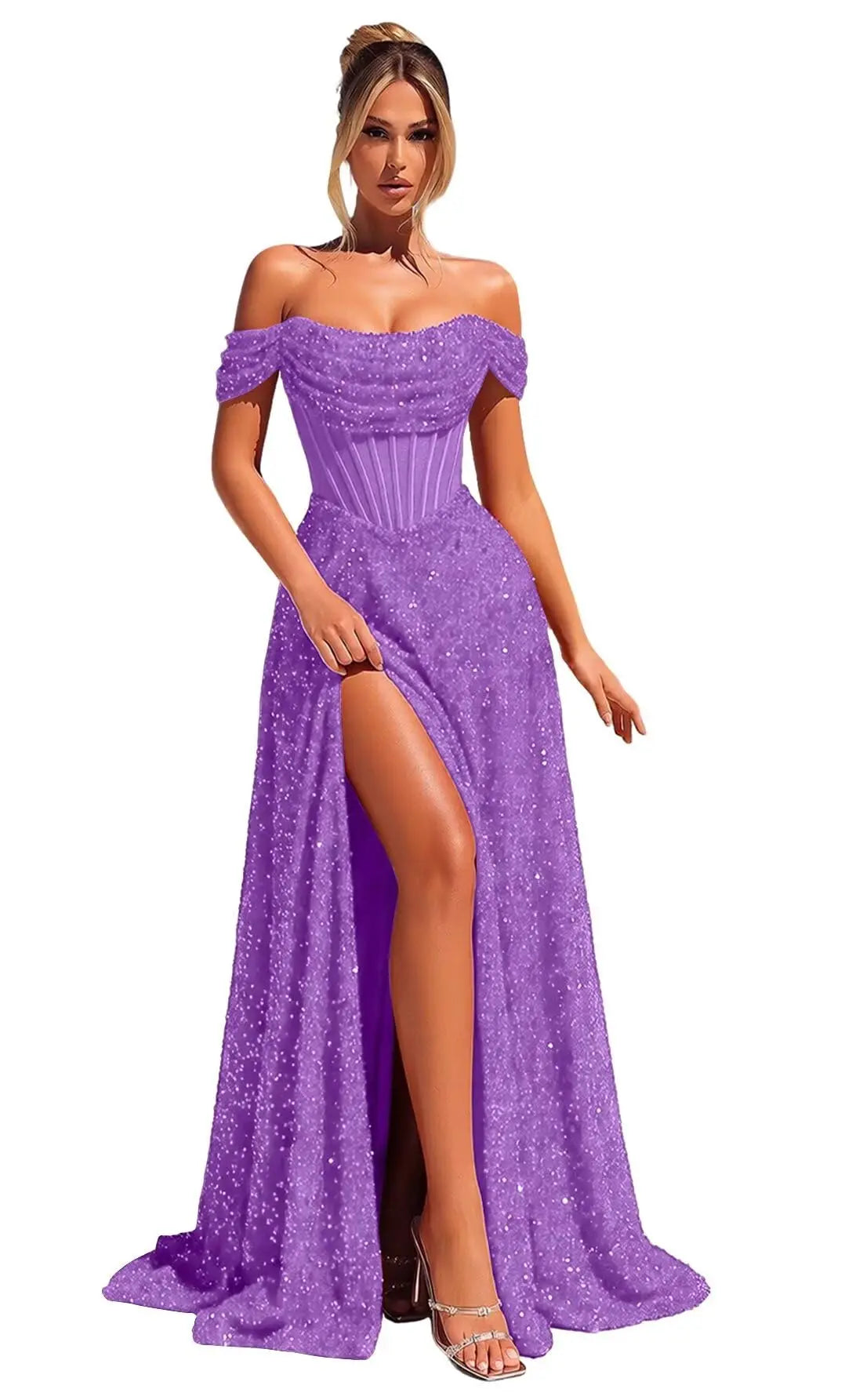 Customized Sparkly Sequins Prom Dresses for Women Off Shoulder Strapless A Line Formal Evening Dress with Side Slit