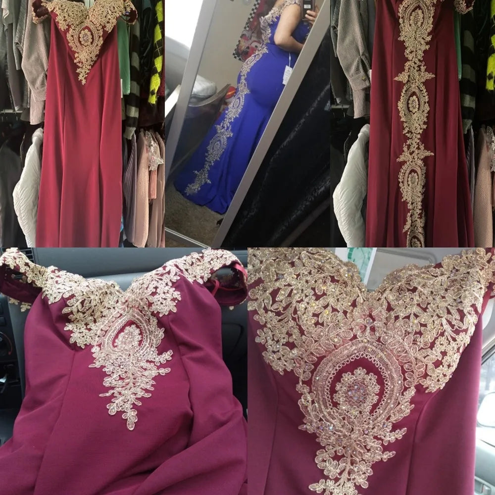 Gold Rose Lace Mermaid Prom Dresses For Women Burgundy Long Sexy Open Back Cap Sleeve Elegant Evening Party Gown Vestido de Gala