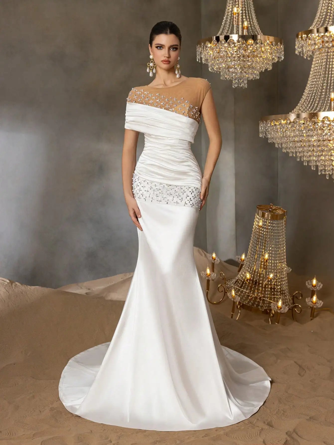Elegant rhinestone-detailed pleated front panel beaded mesh and satin wedding dress