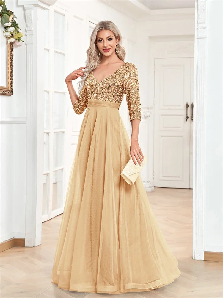 Luxury Gold Floor Length V-Neck Tulle Evening Dresses Women Elegant Party Maxi Dress Sequin Short Sleeves Prom Cocktail Gown