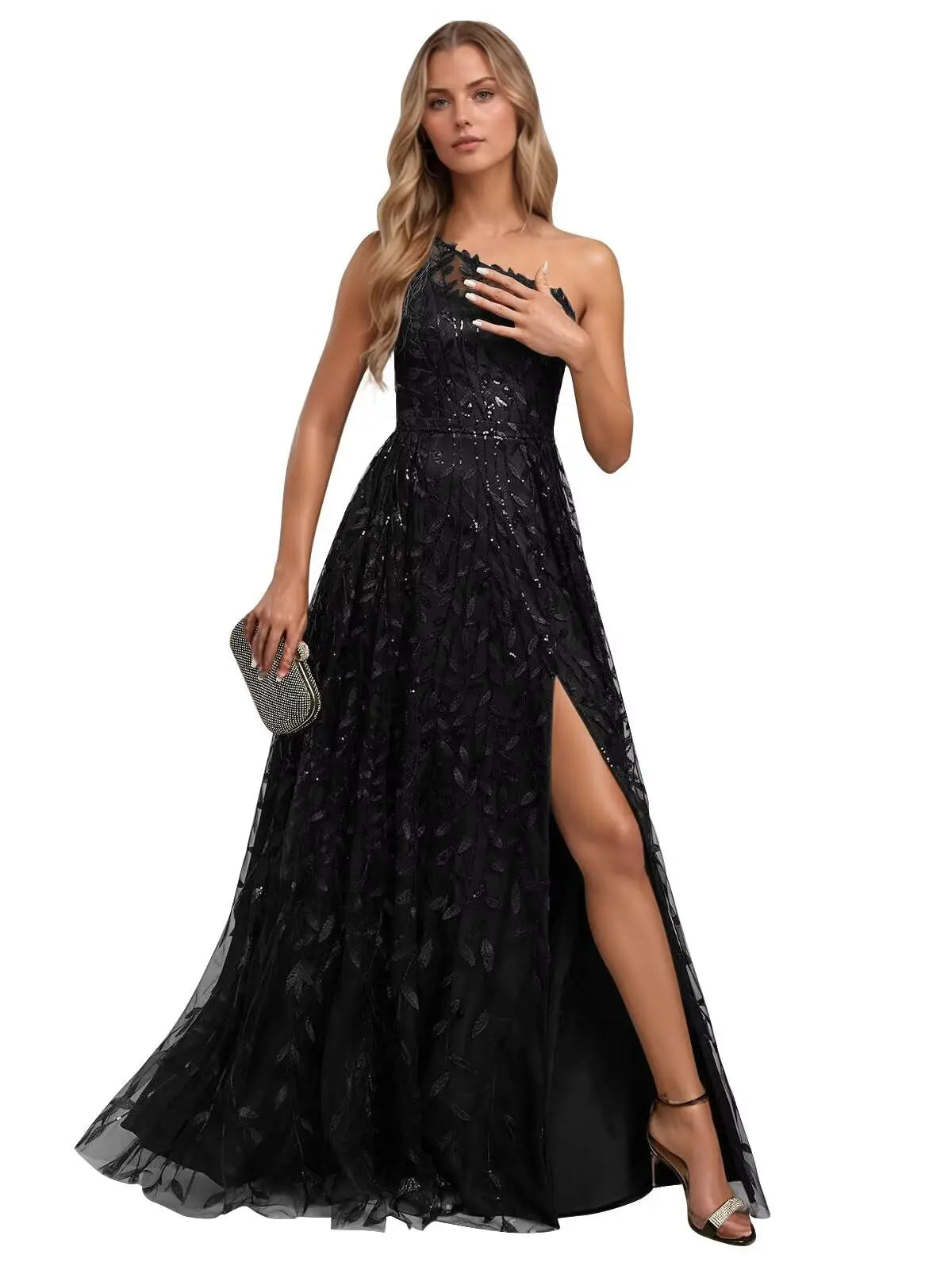 Lace Embroidered sequins Prom Dresses for Women One Shoulder Formal Party Dress Sleeveless Maxi Evening Gown with Slit